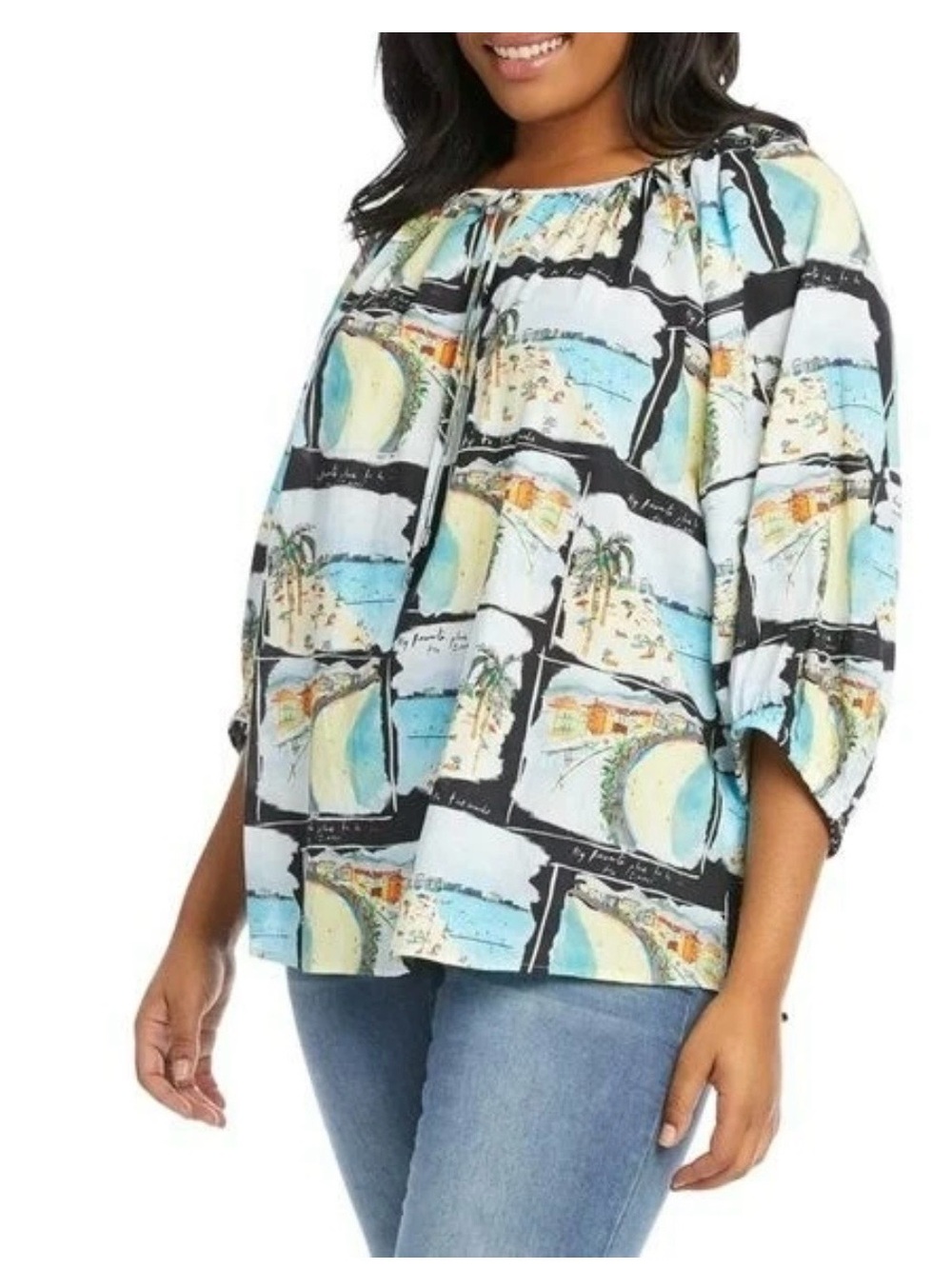 Karen Kane Blue Multi Scenic Square-Print Cotton Peasant Blouse - XL - Picture 2 of 9